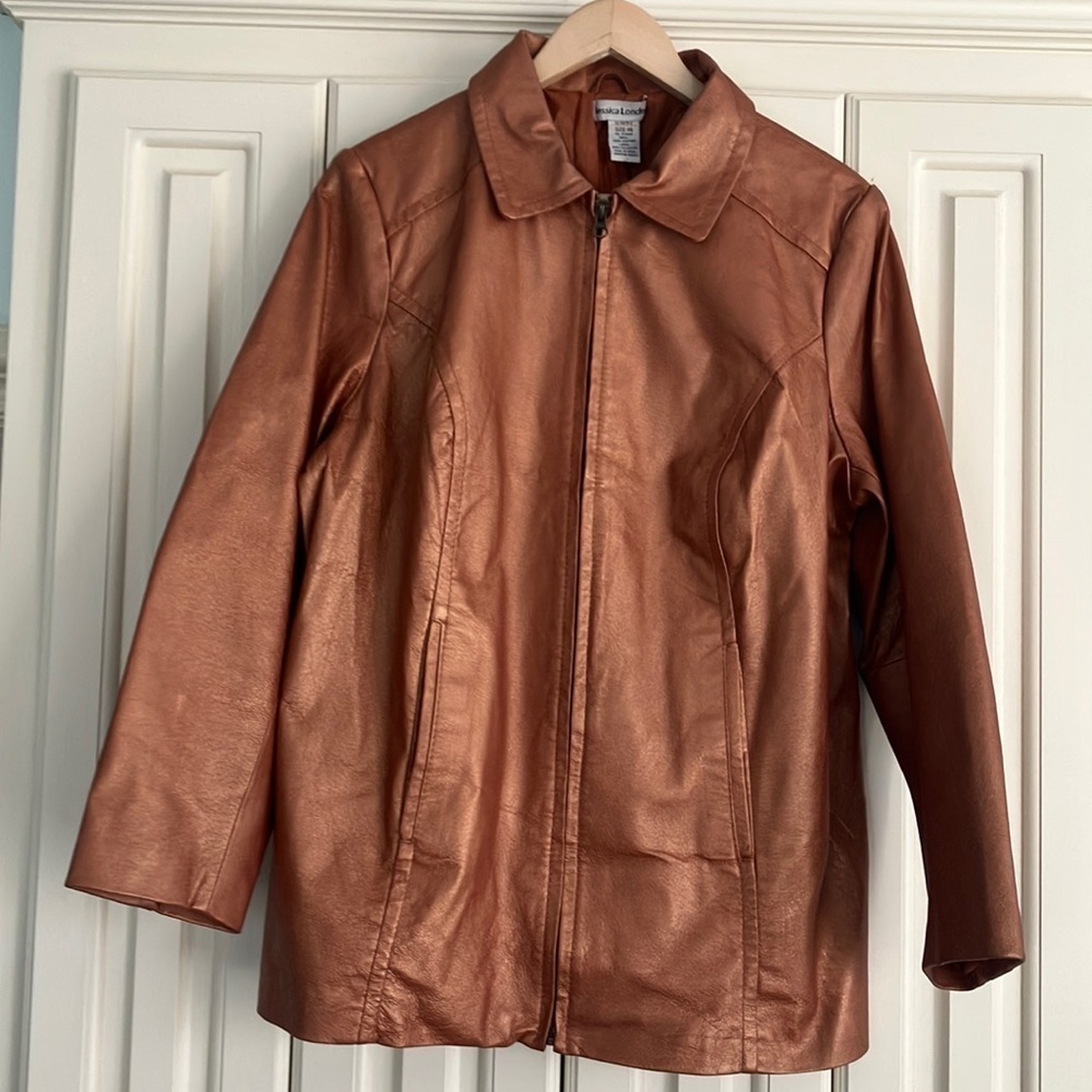 Vintage Jessica London Metallic 100% Leather‎ Zip Up Jacket Size 14 Plus Size